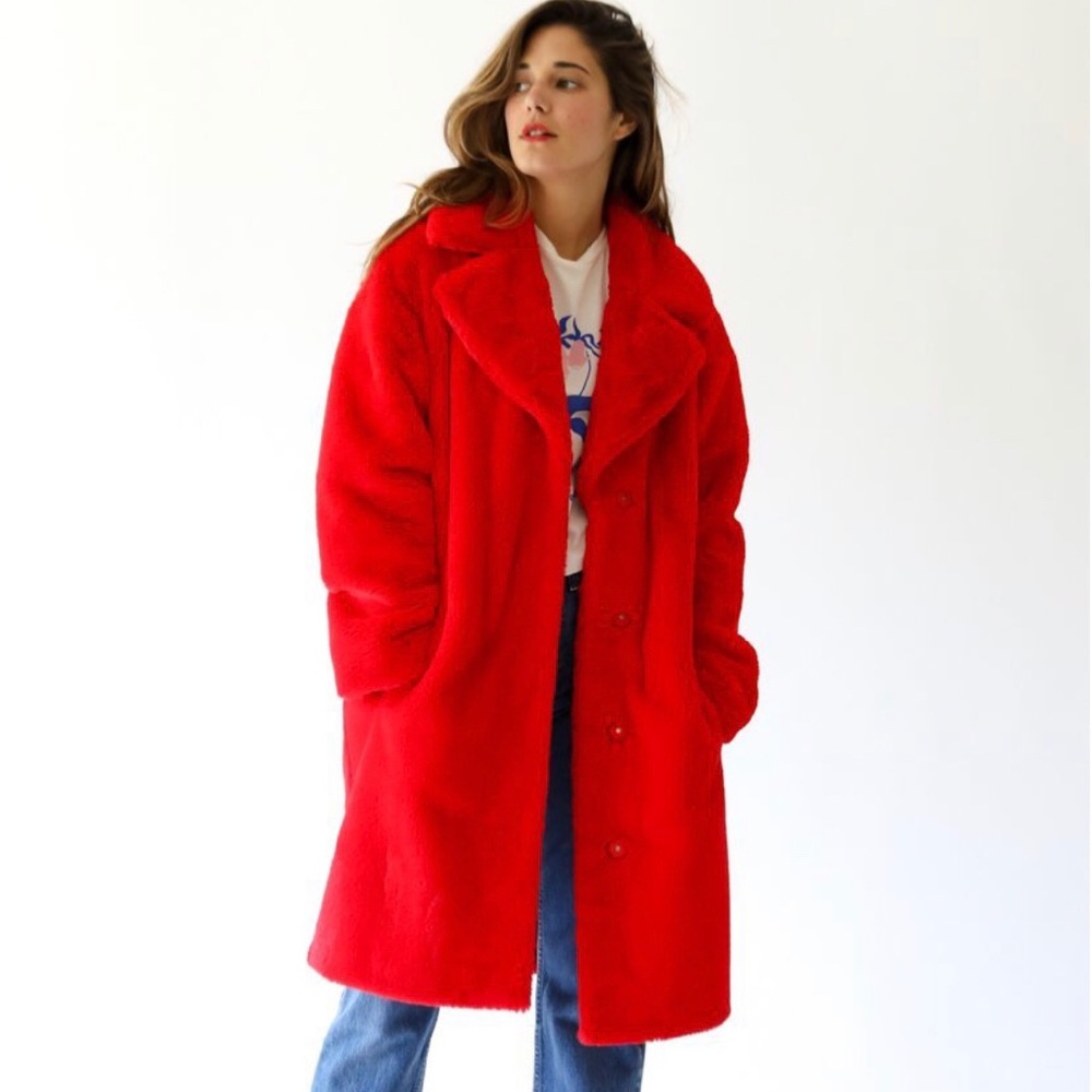 INTERMIX Red Faux-Fur Coat